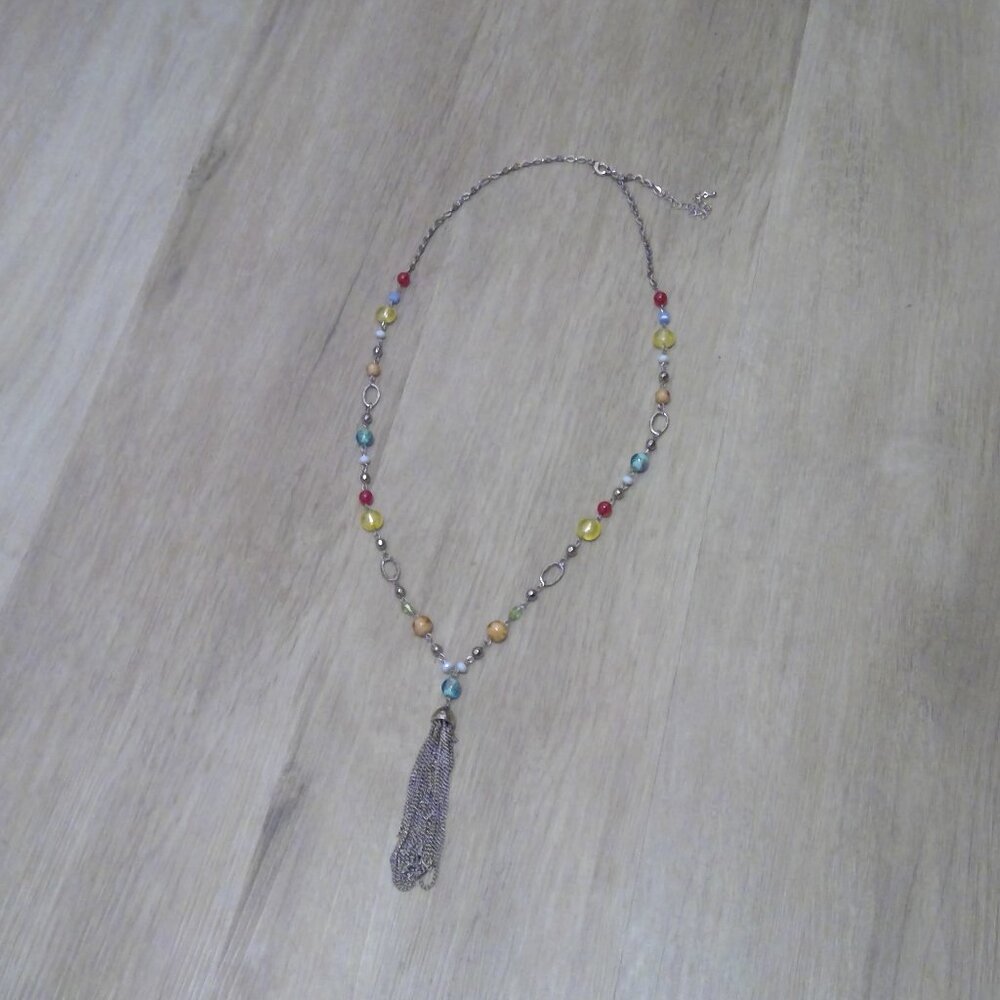 Colourful Beads Silver Tone Tassel Necklace